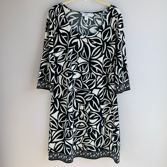 LOFT Dresses & Skirts - Loft Dress Black White Stretch Shift Tropical Leaf Print Greek Key Office Small